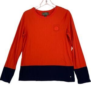 Ralph Lauren Active Popover Top Size L Orange Navy Color Block Logo Crest